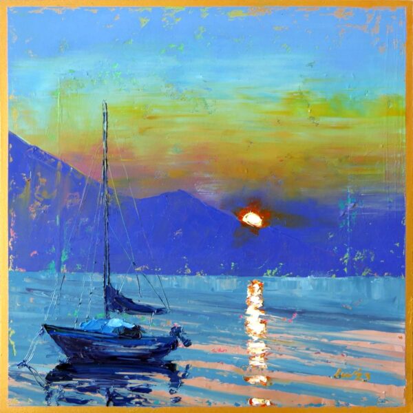 'Evening Time on Garda Lake', oil on panel, 30x30cm, 2023