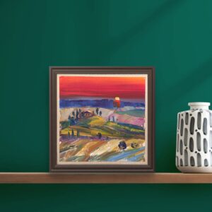 'Red Sunset over Tuscany', 15x15cm, oil on panel, 2025